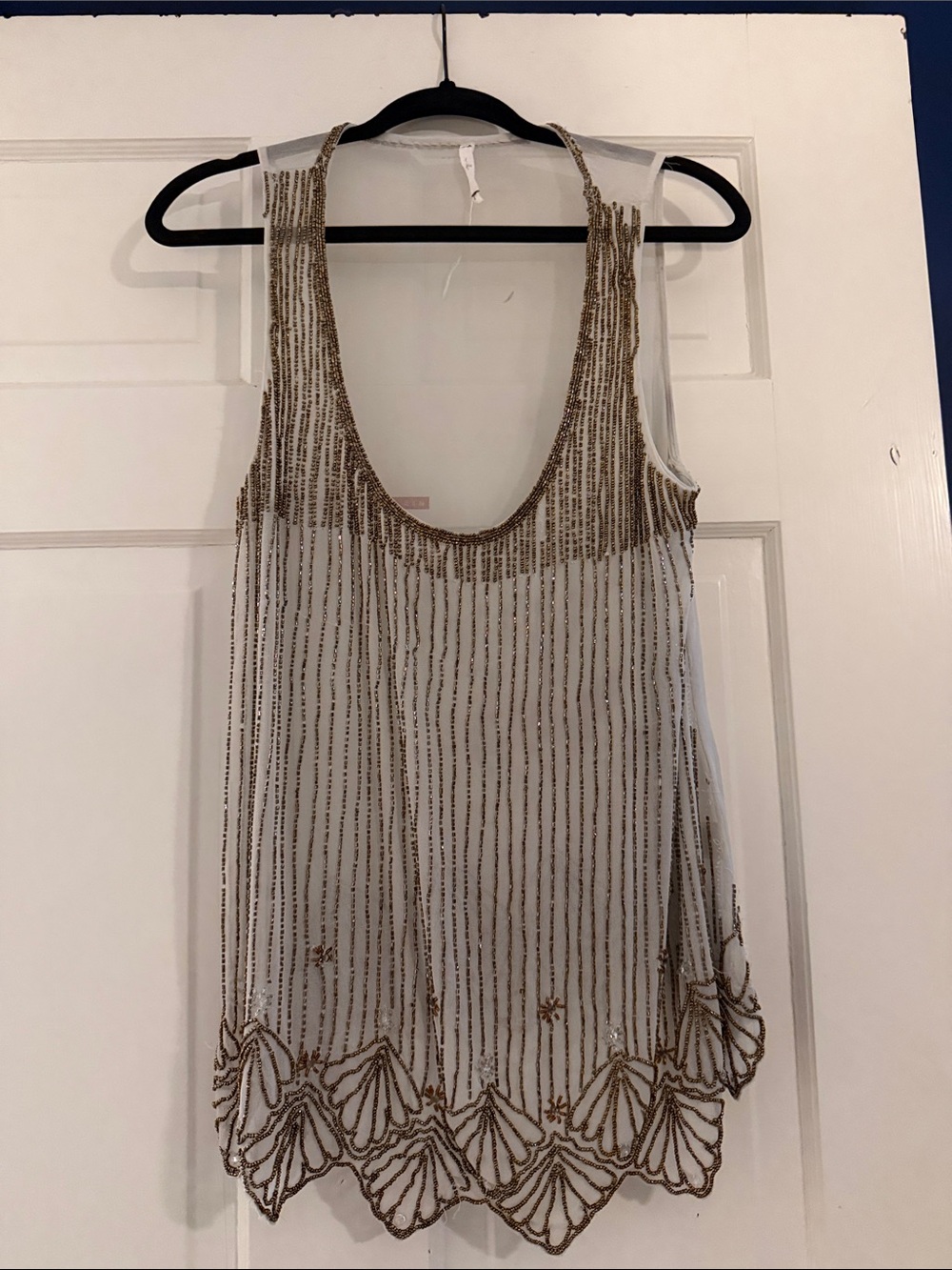 Anthropologie White Sheer Tank with Gold Beading